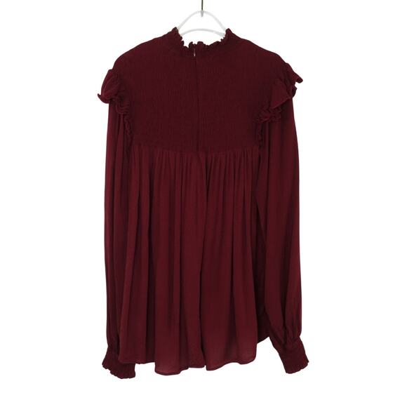 Knox Rose Maroon Pleated Long Sleeve Smocked High Neck Top Large - Picture 3 of 6